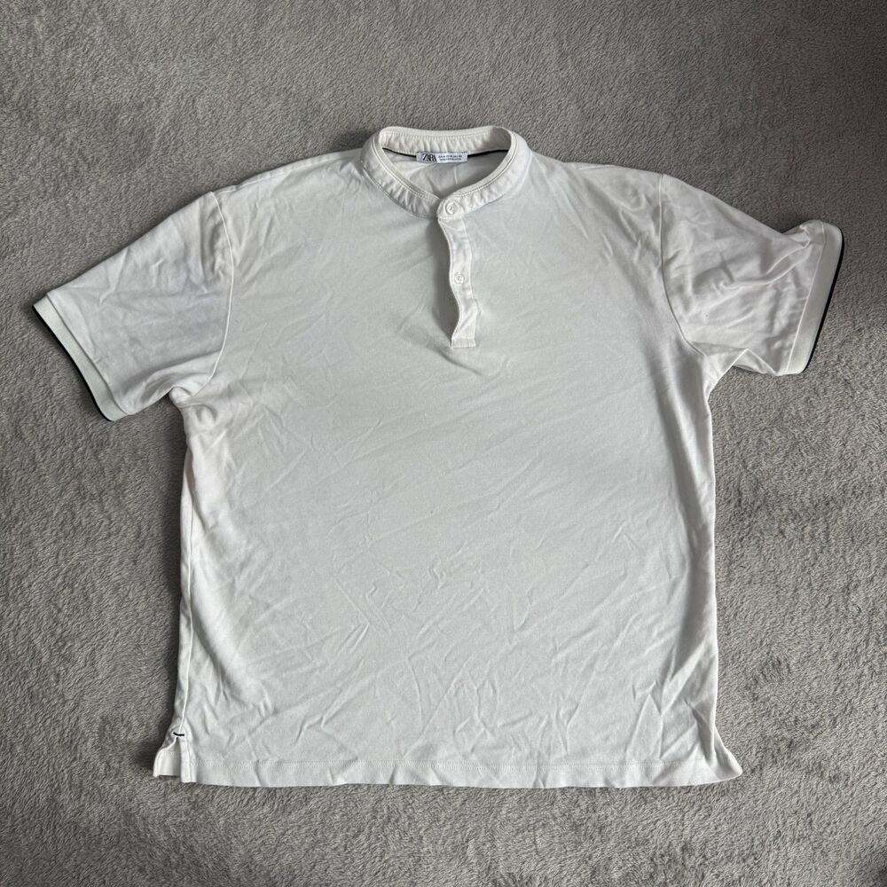 Zara Henley T Shirt Mens Medium White Regular Fit Mandarin Collar Short Sleeve
